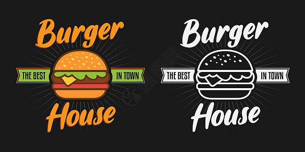 镇上最好的汉堡(彩色和白色)的一套标志 汉堡店招牌 菜单设计元素 矢量插图等符号图片