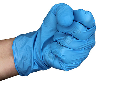 孤立的手在蓝色医疗手套里 紧紧地被打成一拳 在白色背景上图片