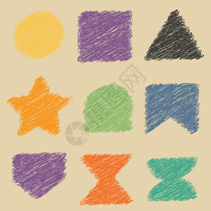 蜡笔手绘正方形 圆形 星形和更多形式的设计元素集 颜色像孩子风格有趣的复制空间 淡色粉笔或铅笔框 矢量背景图片