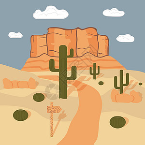亚利桑那沙漠 有道路 岩石和仙人掌的景观 平坦风格 矢量图片