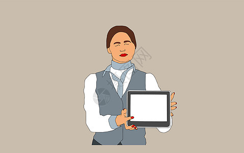 在数字平板上工作的微笑女性的肖像 糊面色调中的矢量插图图片