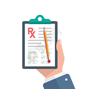 平面样式的手插图中的医疗处方垫 Rx 形式矢量插图在孤立的背景上 医生文件签署经营理念写作制药医院收据文档报告记录治疗胶囊健康图片