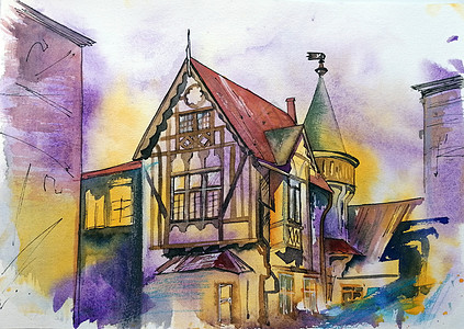 德国中世纪镇半潮湿建筑物的法卡迪斯 水彩图示图片