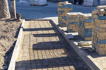 建筑工地上堆叠的铺铺铺铺路面的砖块街道城市鹅卵石地面贮存水泥托盘小路人行道平板图片