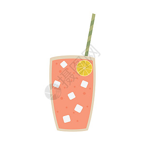一杯柠檬水 加冰块 柠檬片 鸡尾酒管 白底面的平式矢量插图图片