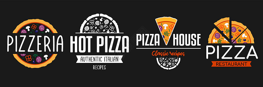 披萨标志模板 菜单设计餐厅或比萨店的集合标签 快餐 送餐服务或咖啡馆的矢量标志图片