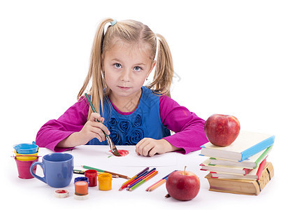 孩子们的爱好 创造力 一个穿蓝裙子的女孩画画画画家快乐艺术家艺术手指教育童年女性孩子学校图片