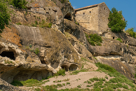 古老的洞穴城市道路克里米亚中世纪街道石头 从岩石多云 石灰石 karaite 的旅游概念景观建筑 石城废墟图片