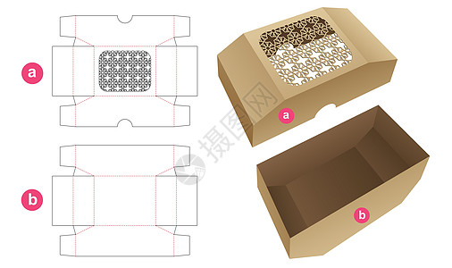 底部倒角托盘和顶部倒角盖子 上面印有阿拉伯图案模切模板和 3D 模型图片