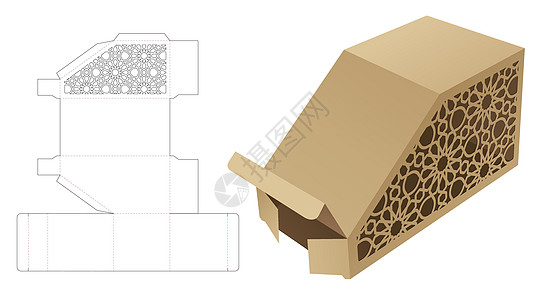 带阿拉伯图案窗口模切模板和 3D 模型的倒角盒图片