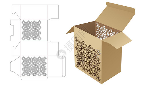 带有有固定阿拉伯模式的死切模板和3D模型的纸板盒图片