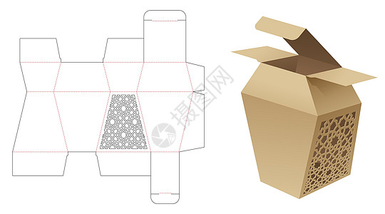 包装箱已保存模式的死切剪切模板和 3D 模型糖果贮存商品商业展示卡片纸板木板产品零售图片