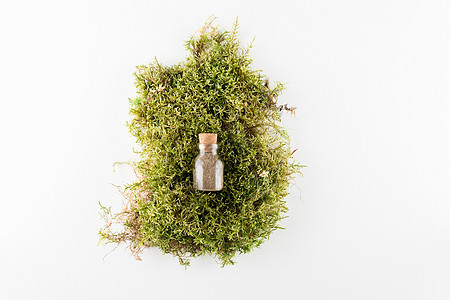 生态化妆品概念 在玻璃瓶中不塑料温泉玻璃奶油女士海绵苔藓液体木头洗发水酒吧图片