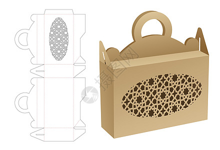 配有静态阿拉伯模式的处理框死切模板和 3D 模型盒子商业木板礼物推介会零售模切插图产品糖果图片
