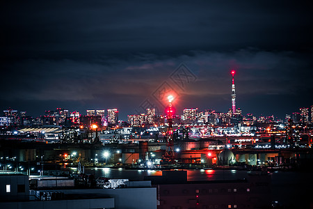 从Keihin工业区看到东京夜景照明组合器制造业街景建筑群工业工业区业区植物摩天大楼图片