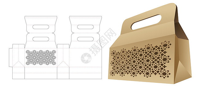 带有固定阿拉伯模式窗口的购物袋切除模板和 3D 模型图片