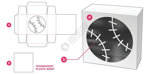 装有棒球球窗和塑料板的箱式圆球玻璃和死胎剪切模板图片