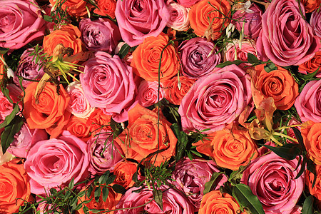 混合粉红和橙色玫瑰捧花紫色装饰橙子鲜花新娘中心插花婚礼装饰品背景图片