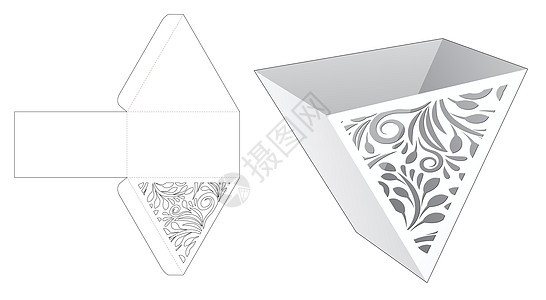 硬纸板薯条三角容器 装有固定的死切模板和3D模型图片