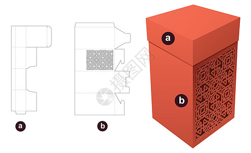 包装箱和盖有已保存模式的封套死剪切模板和3D 模型图片