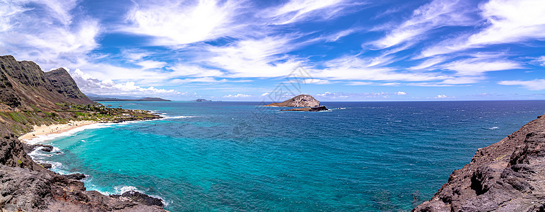 Makapuu海滩 向夏威夷Oahu向风海岸的Waimanalo湾看去阳光岛屿码头晴天波浪海洋风景海岸线天空自然图片