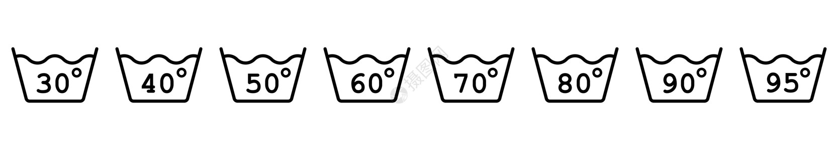 在30度至95度的洗涤中 水位 一组孤立的洗涤图标白色衣服机器黑色标识警告标签学位插图纺织品图片
