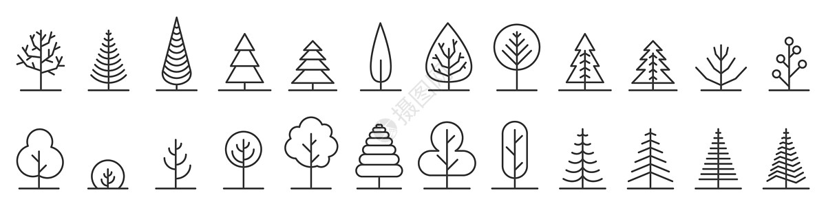 一组大树最小线性图标 - 矢量图片