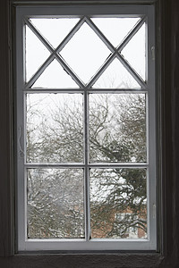 从里面看玻璃窗的特写镜头 早上看着外面的寒冷天气 隔热效果差的木制窗玻璃 关上又关上 可以看到雪 霜和冰的冬季景象图片