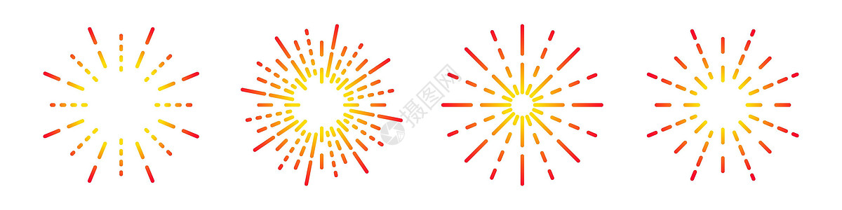 烟花线性图标设置 日出矢量符号太阳圆圈插图标识徽章艺术射线白色火花绘画图片