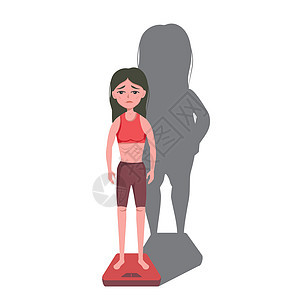 身有厌食症和贪食症的非常瘦的女人 站在天秤上 感到脂肪 在她身后感觉一个肥大阴影图片