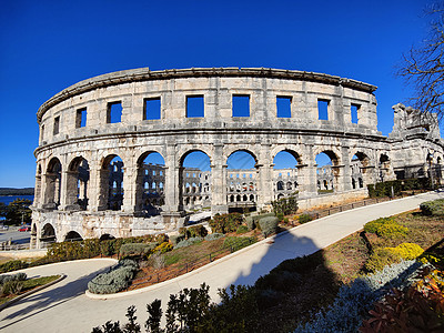 公元一世纪维斯帕西安皇帝统治时期建造的罗马最有保存力的两神剧院的废墟石头柱子斗兽场遗产体育场竞技场地标石灰石人工制品街道图片