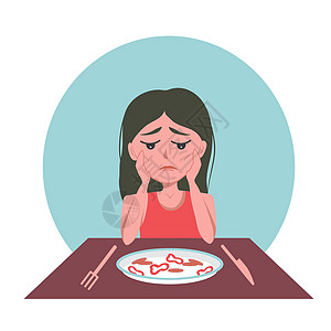 患有精神失常和贪食症的非常瘦弱妇女望着一盘食物 害怕吃东西 对体重不满 想减肥;她们想要减肥图片