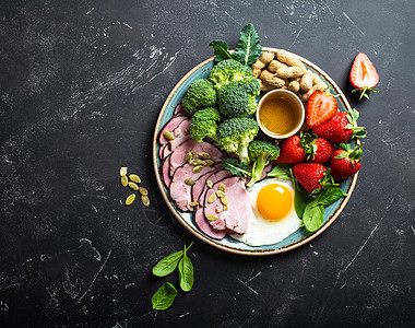 Keto饮食概念桌子减肥食物菠菜来源种子油炸化合物盘子火腿图片