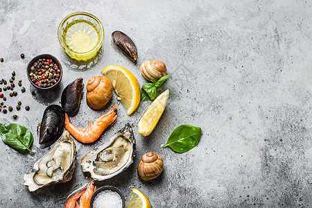 虾养殖海食新鲜品种养殖市场水产饮食柠檬菜单美食海洋牡蛎桌子背景