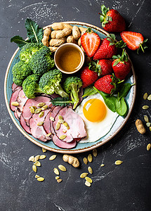 Keto饮食概念菠菜碳水菜单减肥种子熏肉盘子火腿食物油炸图片