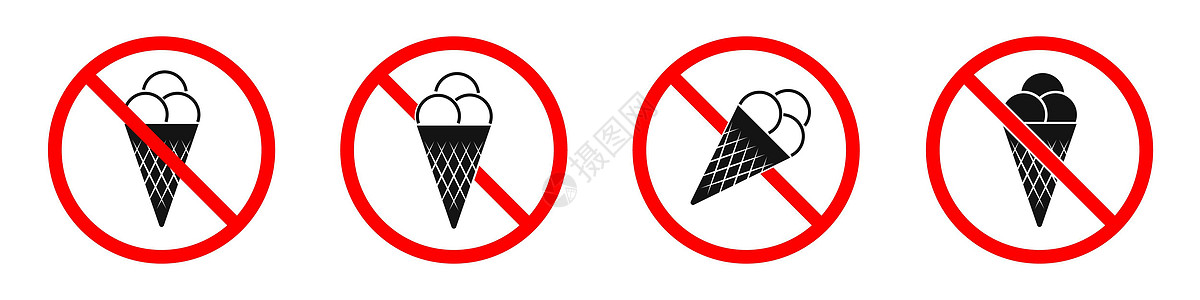 冰淇淋是禁止的 不准吃冰淇淋入口奶油圆形甜点标签红色白色贴纸风险圆圈图片