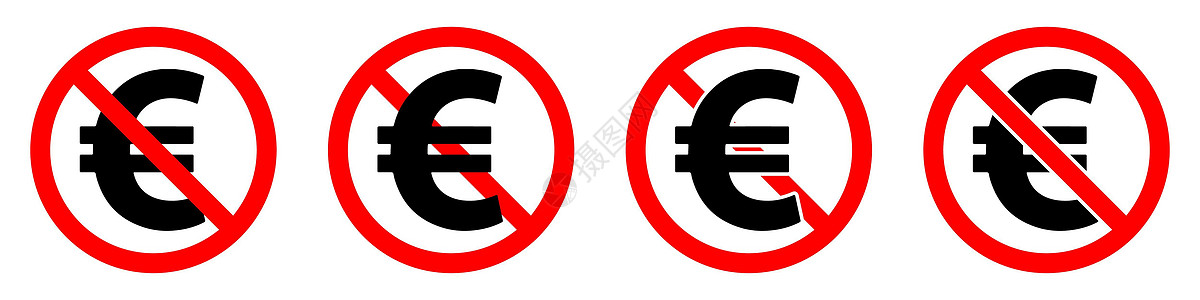 欧元禁令图标 没有货币向量符号 停止欧元标志黑色艺术白色按钮市场徽章银行红色质量现金图片