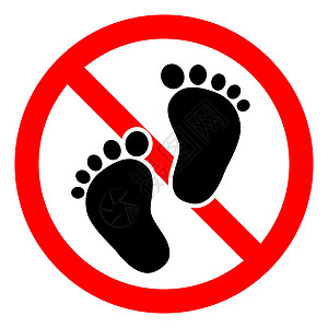红色足迹没有脚步标志 没有赤脚的迹象 禁止足迹图标 矢量图红色按钮禁令插图注意力警告黑色白色烙印圆圈插画