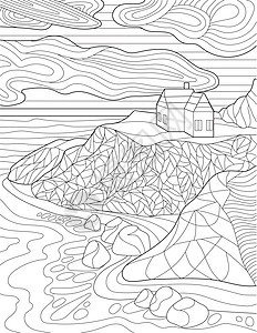 着色页与山 云 岩石和海洋上的详细房屋 床单上的颜色是悬崖顶上的家 见下方 水边田园诗般的建筑图片