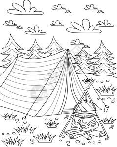 着色书页与帐篷放置在自然界中 开火 树木和云彩在背景中 床单要用 Tipi 着色 外面有煮沸的食物图片