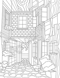 着色书页与老建筑与衣服在阳台上 床单要用周围有植物的相连房屋上色 打开的 Windows 的家图片