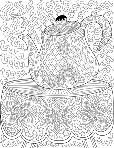 着色书页与茶壶在桌上与布料与雪花设计 表面设计有薄片的水壶要着色的床单 用餐的小茶壶图片