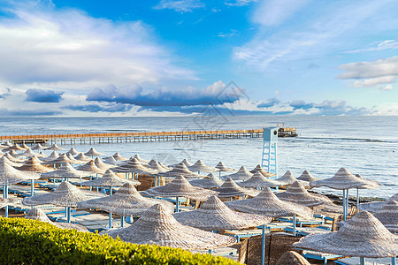 沙滩边的草地海滩大雨伞假期露台材料家具海洋柳条椅子海岸海滨横幅图片