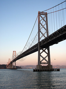 黄昏时湾桥旧金山一侧 空中有鸟儿图片