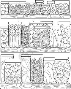 着色页 货架上装满了罐子里的水果和蔬菜 将用装满食物的罐子着色的床单 大玻璃杯中的切片食物图片