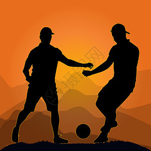 足球运动员在日落时 足球手的脚影带上有足球球 在山上背景图片