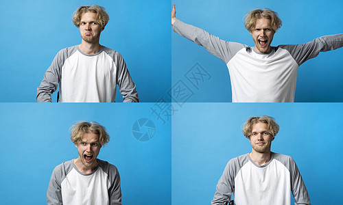 一名身穿蓝色背景长袖 T 恤的年轻人用四种不同的情绪拼贴 一组不同情绪的年轻人肖像图片