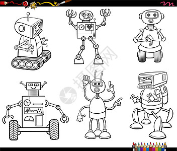 卡通机器人和机器人字符设置彩色页面的颜色图片