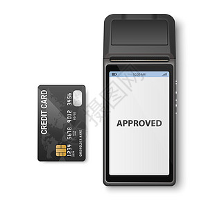 矢量 3d NFC 支付机与批准的状态和孤立的黑色信用卡 Wi-Fi 无线支付 POS 终端 机器设计模板 银行支付非接触式终端图片