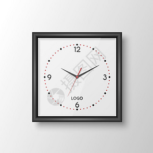 矢量 3d 逼真方形墙壁办公室时钟与黑色框架 设计模板隔离在白色 使用罗马数字拨号 用于品牌和广告隔离的挂钟模型 钟面设计发条倒图片